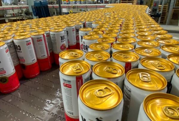 Canned beverages on packaging line